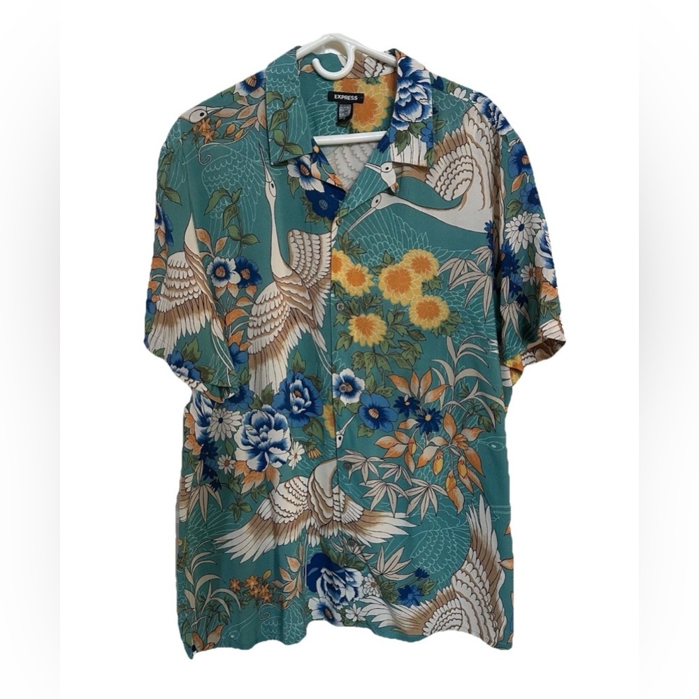 Express Men’s All Over Print Crane & Floral Hawaiian Camp Shirt-XL-Resort Beach